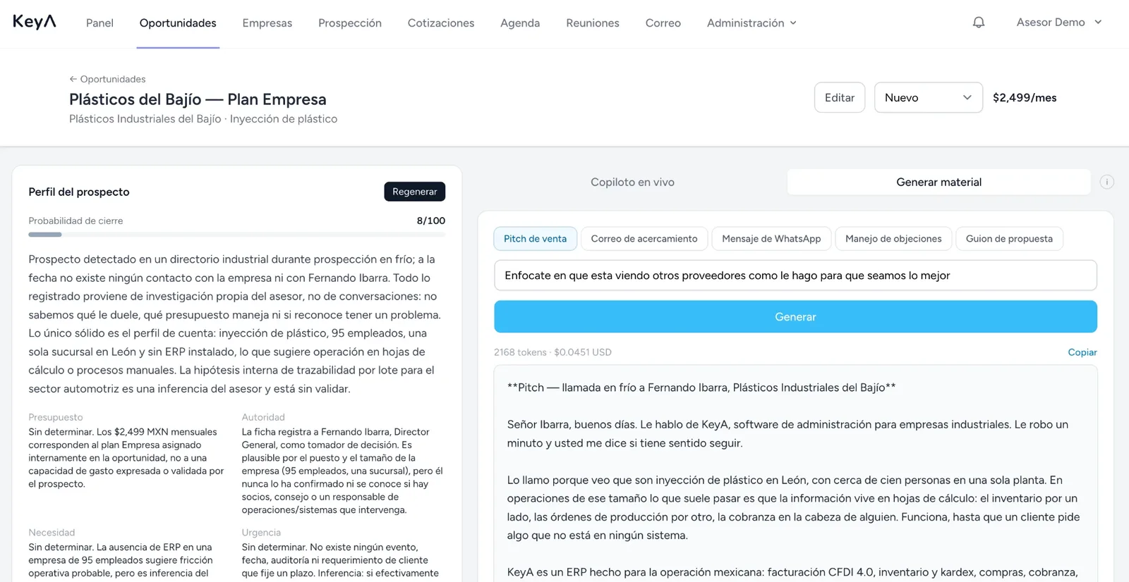 Pantalla para generar material de venta: pitch, correo de acercamiento, mensaje de WhatsApp, manejo de objeciones y guion de propuesta.